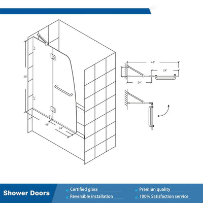 48 in. W x 58 in. H Frameless Hinged Bathtub Door in Clear Glass with Handle, Chrome