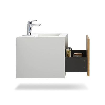 Vanity in White Oak with Solid Surface Vanity Top in White with White Basin