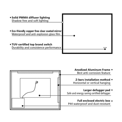 40 in. W x 32 in. H Rectangular Frameless Anti-Fog LED Light Dimmable Wall Mount Premium Bathroom Vanity Mirror