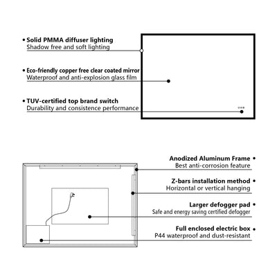 48 in. W x 36 in. H Rectangular Frameless Anti-Fog LED Light Dimmable Wall Mount Premium Bathroom Vanity Mirror