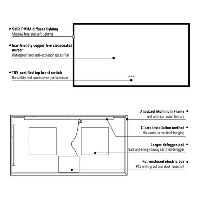 55 in. W x 30 in. H Rectangular Frameless Anti-Fog LED Light Dimmable Wall Mount Premium Bathroom Vanity Mirror