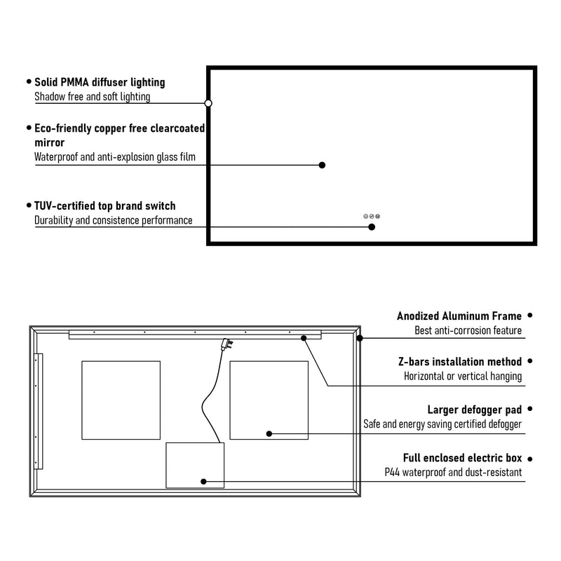 55 in. W x 30 in. H Rectangular Frameless Anti-Fog LED Light Dimmable Wall Mount Premium Bathroom Vanity Mirror