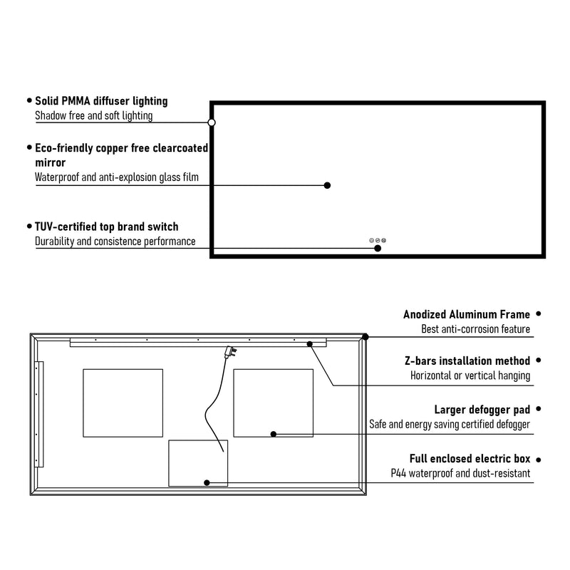 60 in. W x 28 in. H Rectangular Frameless Anti-Fog LED Light Dimmable Wall Mount Premium Bathroom Vanity Mirror