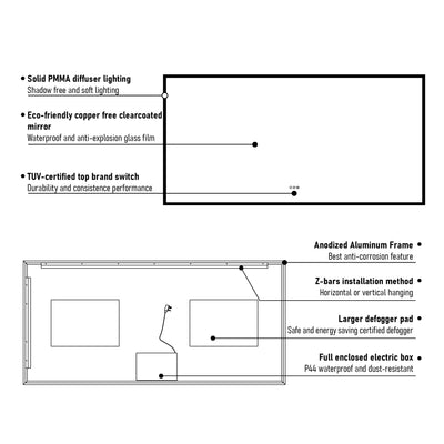 72 in. W x 36 in. H Rectangular Frameless Anti-Fog LED Light Dimmable Wall Mount Premium Bathroom Vanity Mirror