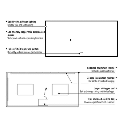 84 in. W x 42 in. H Rectangular Frameless Anti-Fog LED Light Dimmable Wall Mount Premium Bathroom Vanity Mirror