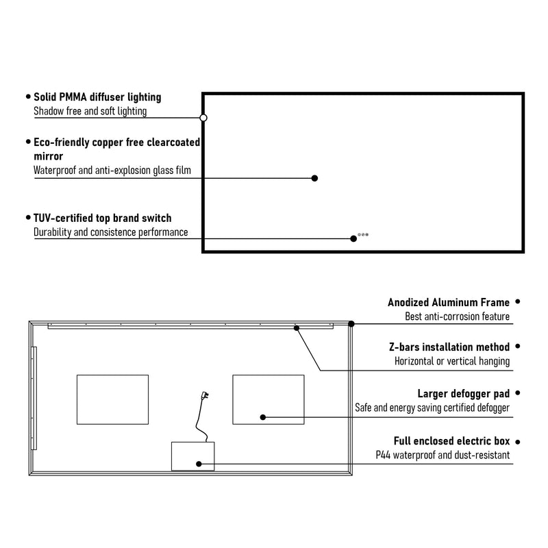 84 in. W x 42 in. H Rectangular Frameless Anti-Fog LED Light Dimmable Wall Mount Premium Bathroom Vanity Mirror