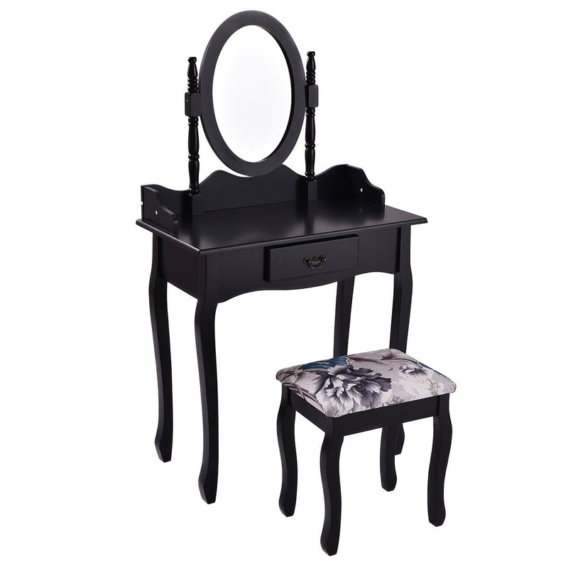 Wooden Makeup Vanity Table Set with Rotatable Mirror and Padded Stool