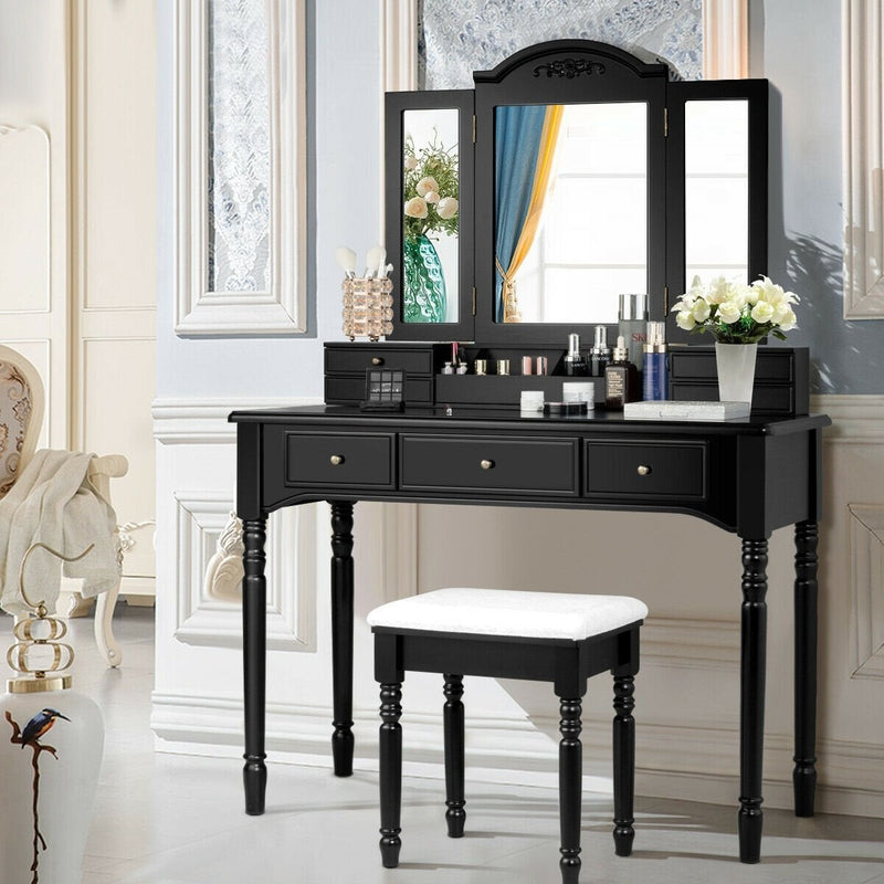 Multi-Drawer Dressing Vanity Table Set with Tri-Mirror and Padded Stool