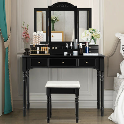 Multi-Drawer Dressing Vanity Table Set with Tri-Mirror and Padded Stool