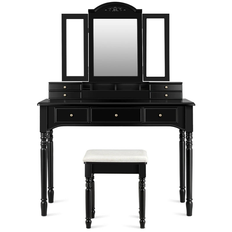 Multi-Drawer Dressing Vanity Table Set with Tri-Mirror and Padded Stool