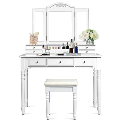 Multi-Drawer Dressing Vanity Table Set with Tri-Mirror and Padded Stool