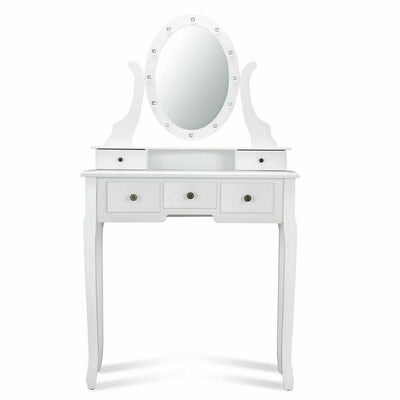 5-Drawer Dressing Table Set with Padded Stool and 12-LED Bulbs Mirror