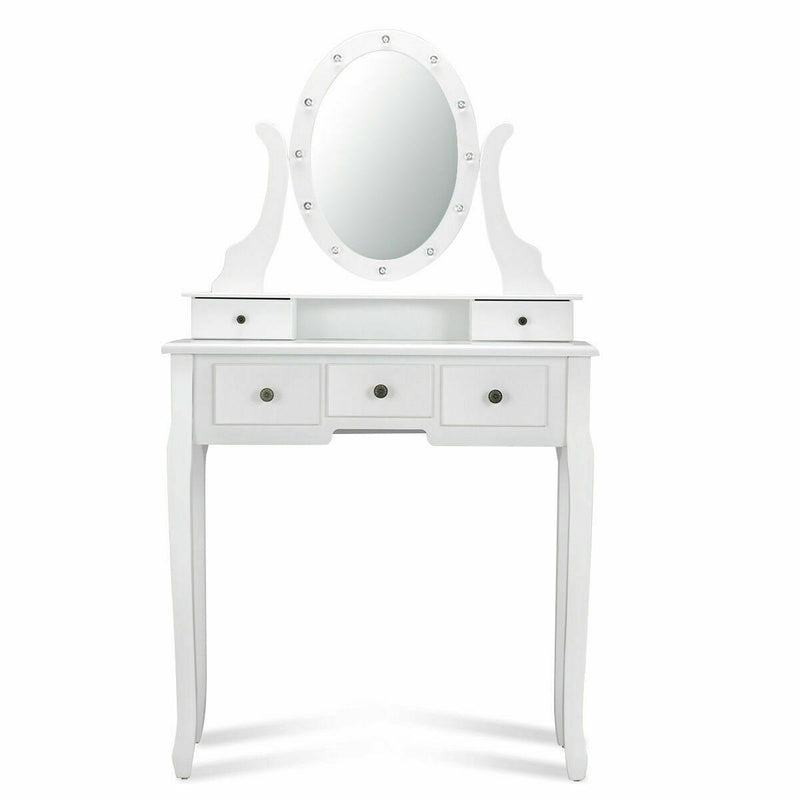 5-Drawer Dressing Table Set with Padded Stool and 12-LED Bulbs Mirror