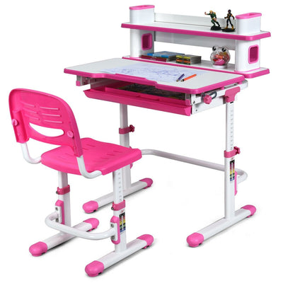 Adjustable Kids Desk and Chair Set with Bookshelf and Tilted Desktop