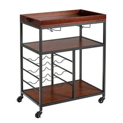 3-Tier Rolling Kitchen Serving Bar Cart with Wine Rack and Glass Holder