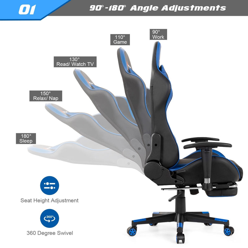 Massage Gaming Chair with Lumbar Support and Retractable Footrest