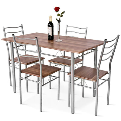 5 Pcs Wood Metal Dining Table Set with 4 Chairs