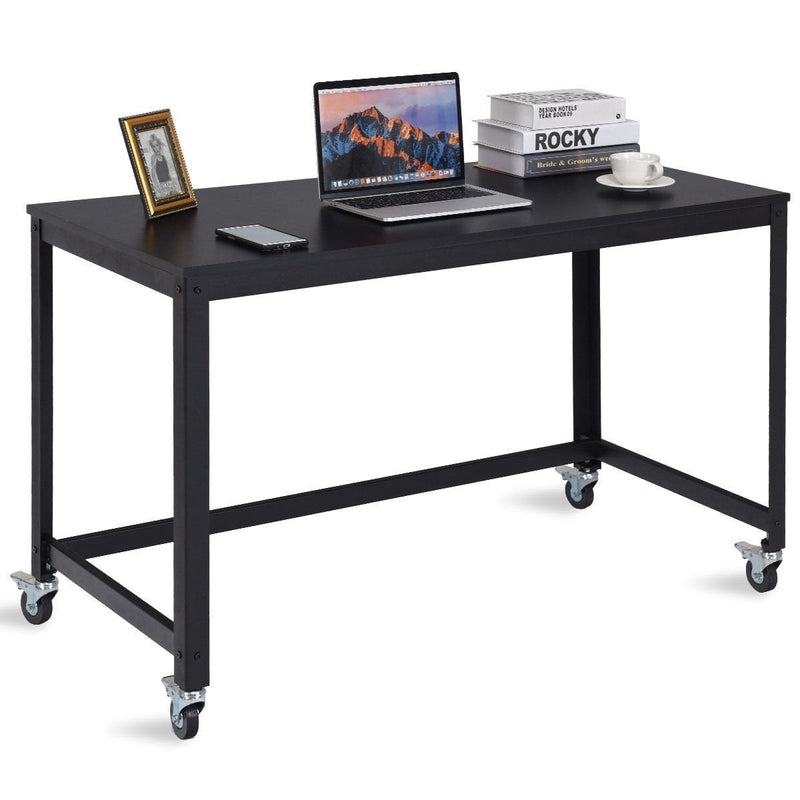 Wood Top Metal Frame Rolling Computer Desk Laptop Table