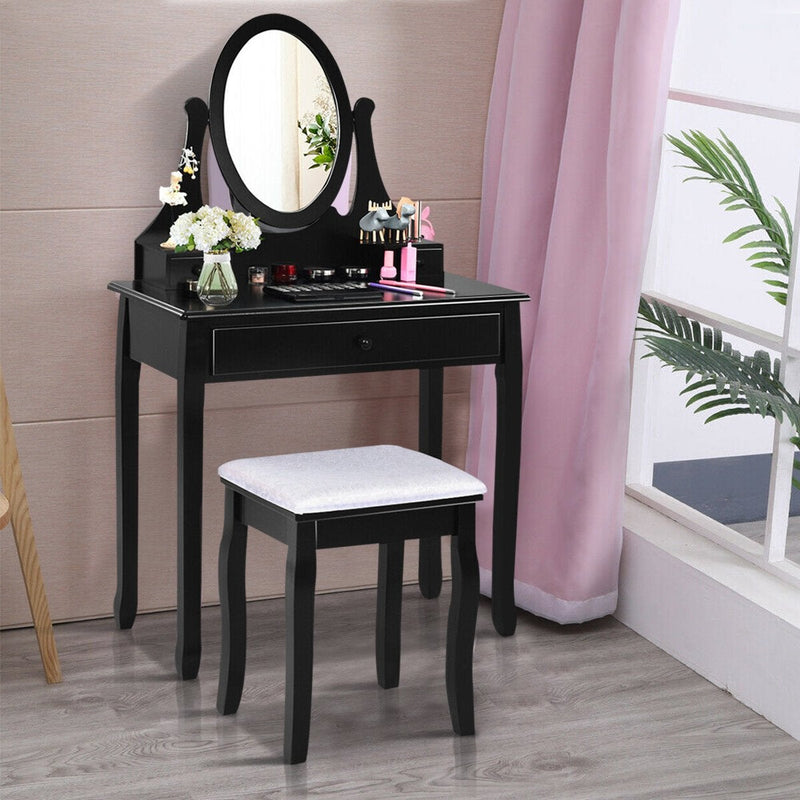 Makeup Vanity Table Set with Rotatable Mirror and Cushioned Stool