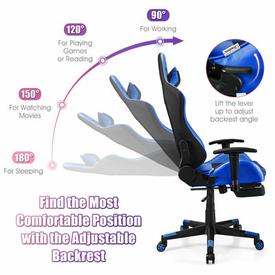 Leather USB Massage Gaming Chair with Cushioned Headrest Lumbar Support Footrest