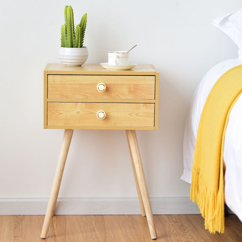 2-Drawer Wooden Nightstand End Table with High Sloping Outward Legs