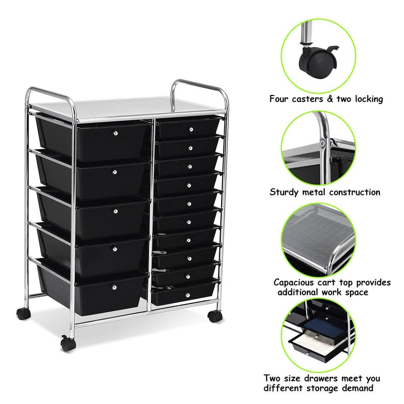 Rolling Storage Cart and Organizer with 15 Plastic Drawers