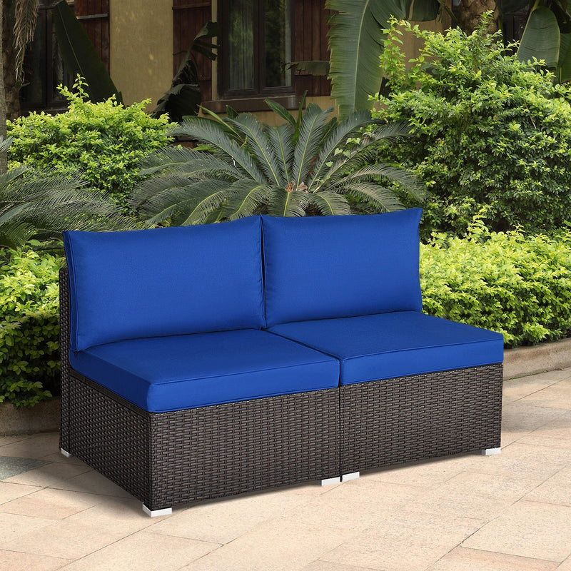 2 Pieces Patio Rattan Armless Sofa Set with back and seat Cushions