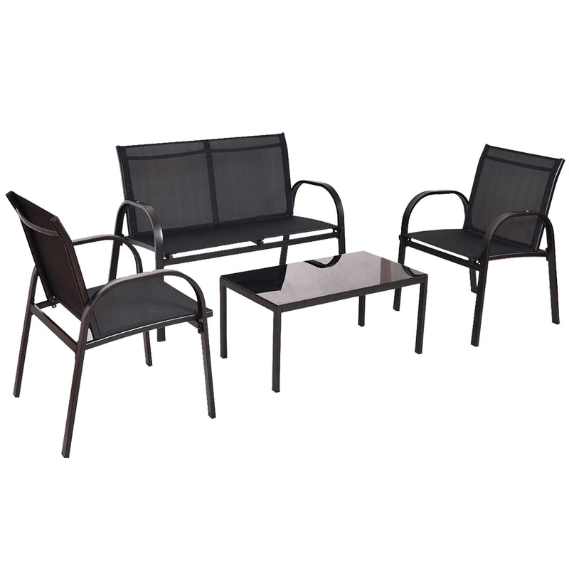 4 Pcs Patio Furniture Set with Glass Top Coffee Table