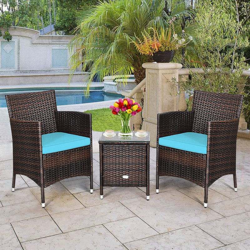 3 Pcs Patio Wicker Rattan Conversation Set with Coffee Table for Garden Lawn Backyard Poolside