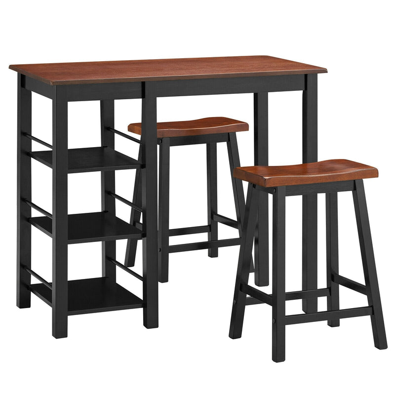 3 Piece Counter Height Dining Table Set with 2 Saddle Stools and Storage Shelves