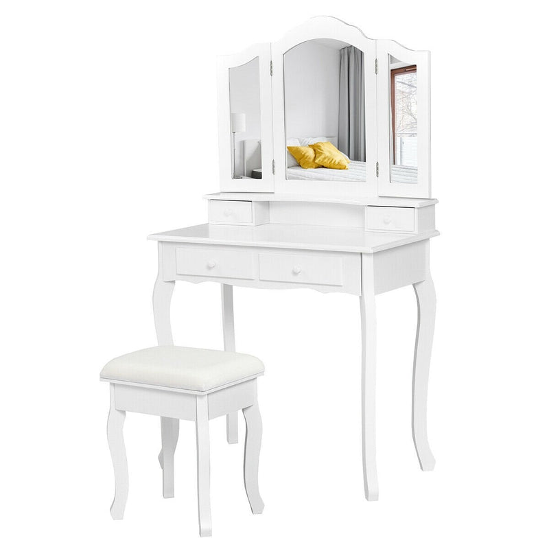 4-Drawer Vanity Table Set with Detachable Mirror and Padded Stool