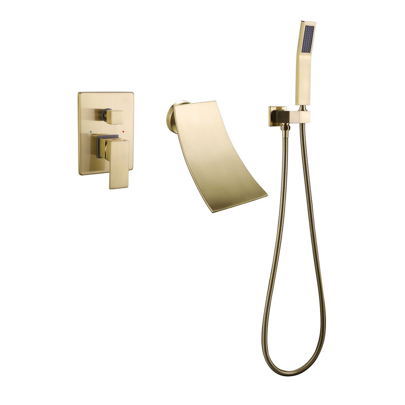 Brushed Gold Waterfall Spout Bathtub Faucet With Hand Shower