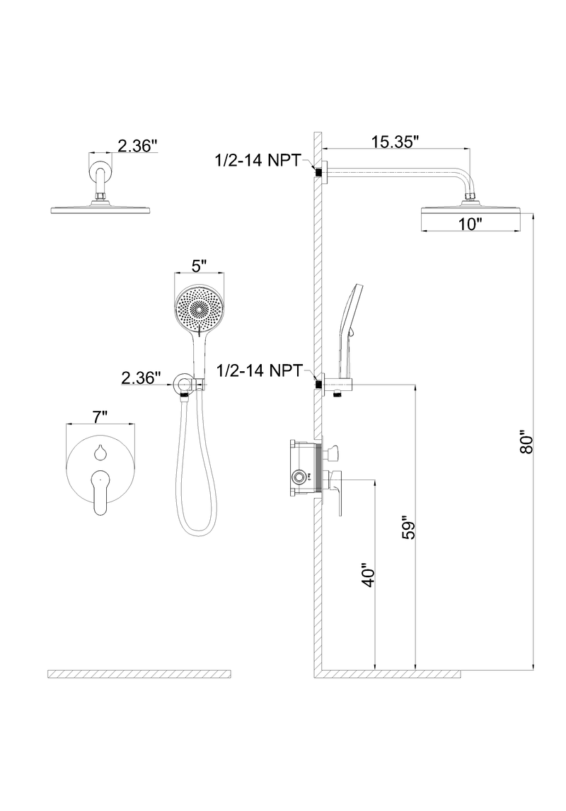 Wall-mounted round shower set with 6 spray patterns