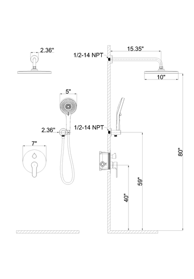 Wall-mounted round shower set with 6 spray patterns