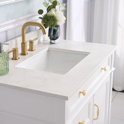 36 in. Bathroom Vanity in White with Quartz Vanity Top in Carrara with Single White Basin