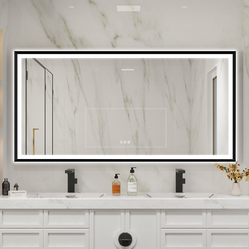 72 in. W x 36 in. H Large Rectangular Framed LED Light Anti-Fog Wall Bathroom Vanity Mirror in Black