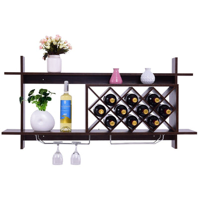 Wall Mount Wine Rack with Glass Holder & Storage Shelf