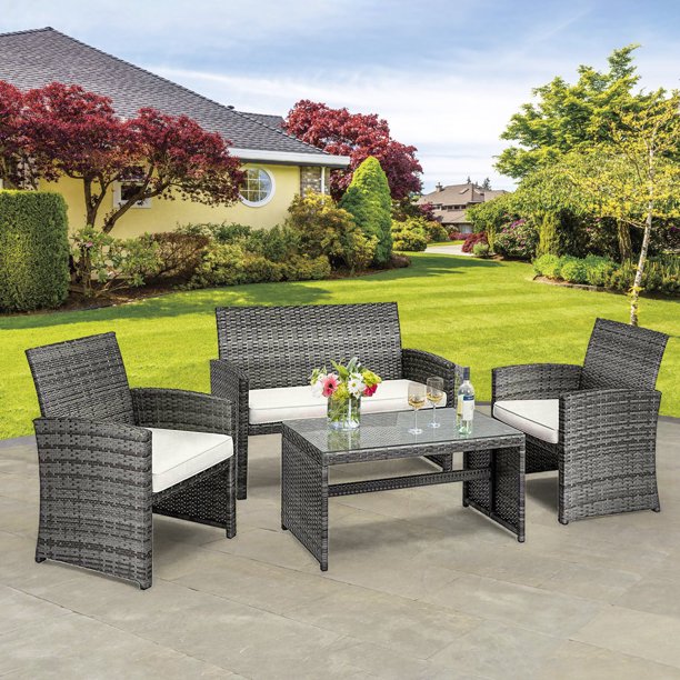 4PCS Patio Rattan Furniture Set for Garden Poolside