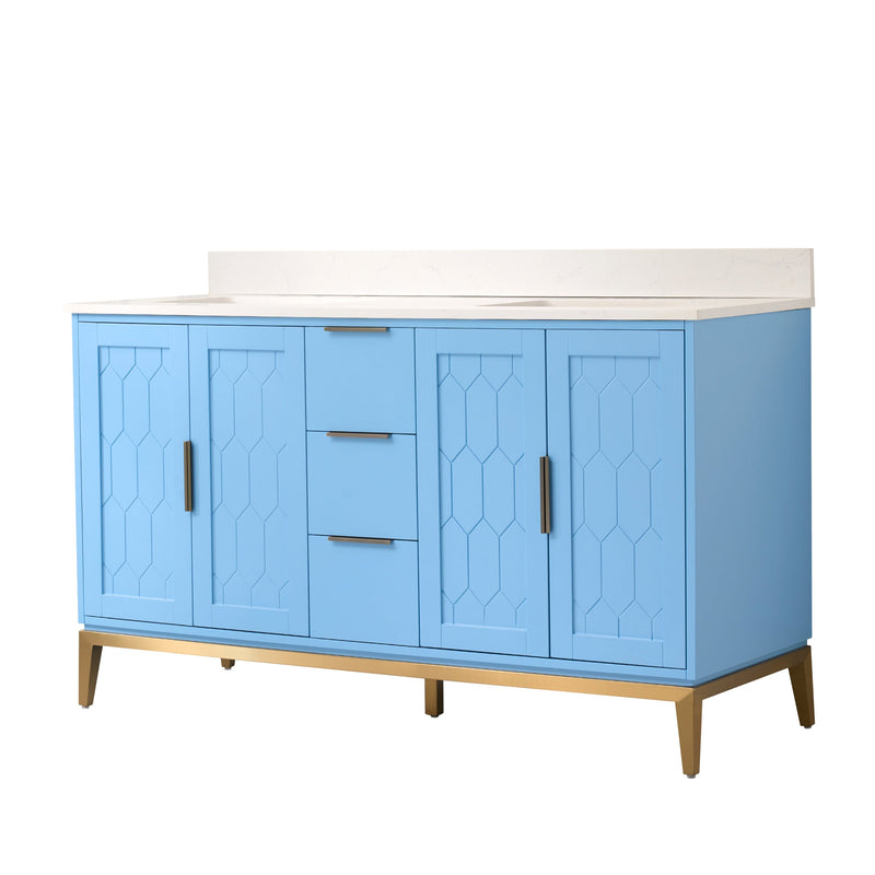 60 in. W x 22 in. D x 35 in. H Bathroom Vanity in Light Blue with Carrara White Quartz Vanity Top with White Sink