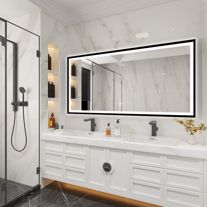 72 in. W x 36 in. H Large Rectangular Framed LED Light Anti-Fog Wall Bathroom Vanity Mirror in Black