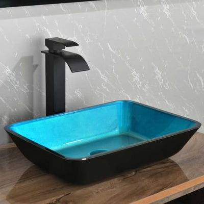 18in L -13in W -12in H Handmade Countertop Glass Rectangular Vessel Bathroom Sink Set in Turquoise