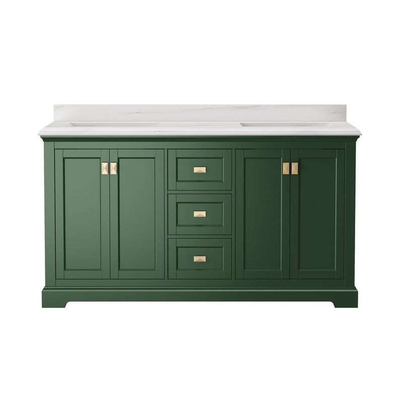 60-in Undermount Double Sinks Freestanding Bathroom Vanity with White Top in Venetian Green