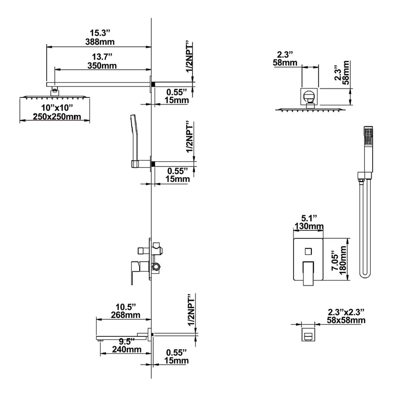 Wall Mounted Shower System with Tub Spout and HandHeld Shower