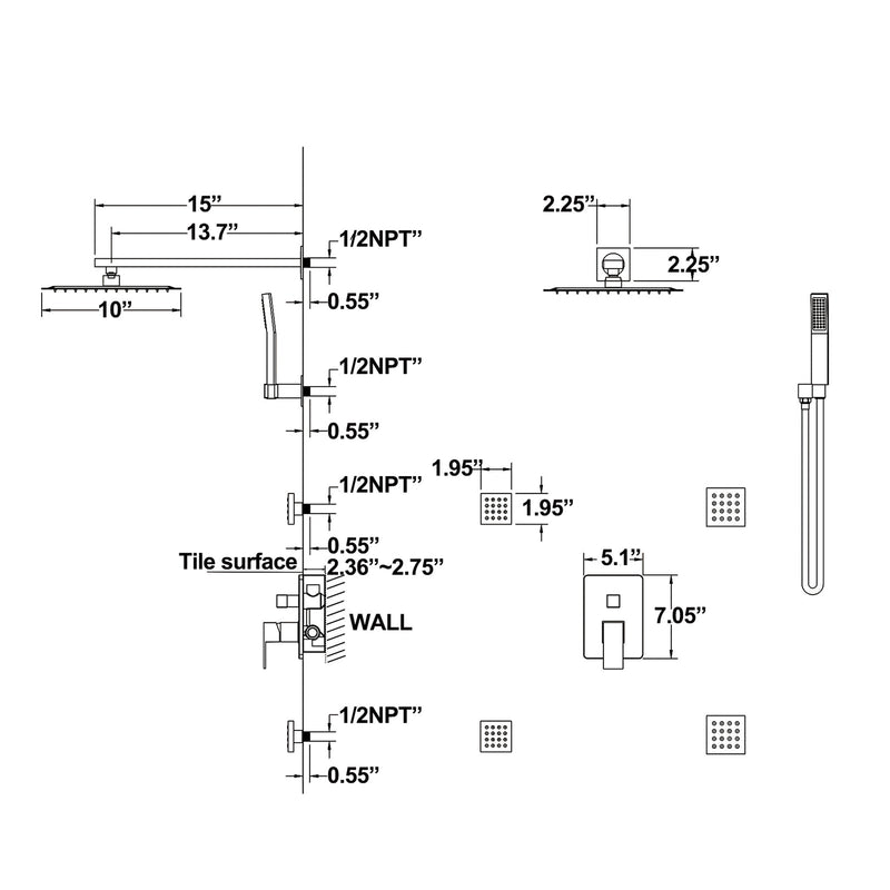 Brushed Gold Shower Faucet Set with 4 PCS Shower Body Sprayer Jets