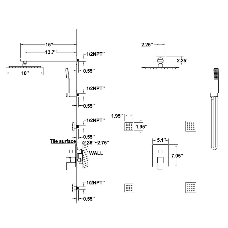 Luxurious Balanced Valve Shower System With 4 PCS Body Jets