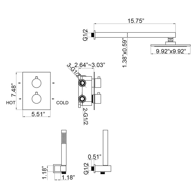 Wall Mounted Large Flow Thermostatic Shower System With Rough-In Valve