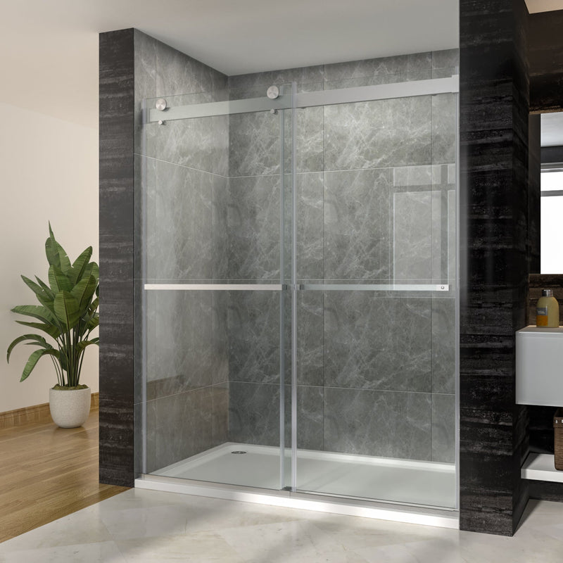 60 in. W x 72 in. H Frameless Brushed Nickel Finish Double Sliding Shower Doors