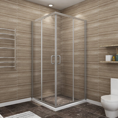 36 in. x 72 in. Corner Shower Enclosure Clear Glass Double Sliding Doors with Handle Brushed Nickel