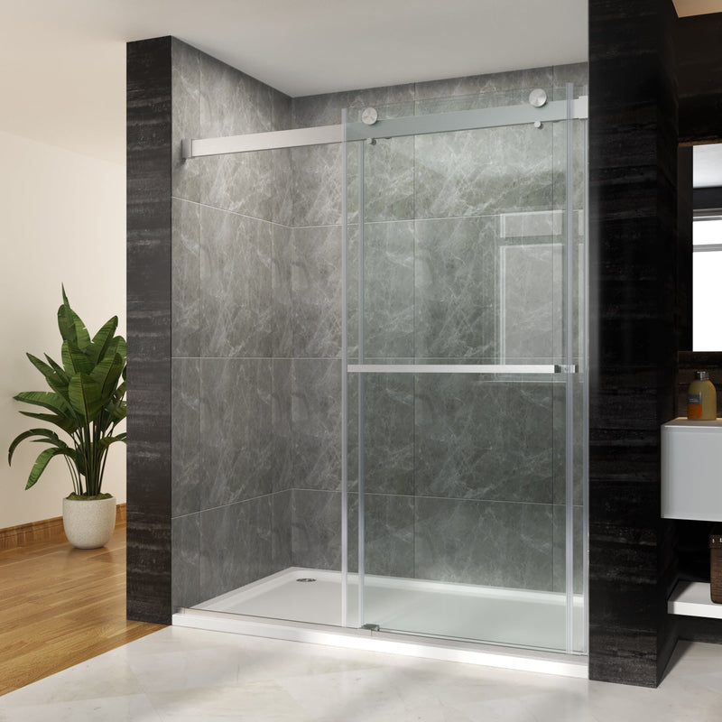 60 in. W x 72 in. H Frameless Brushed Nickel Finish Double Sliding Shower Doors