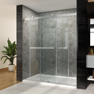 60 in. W x 72 in. H Frameless Brushed Nickel Finish Double Sliding Shower Doors